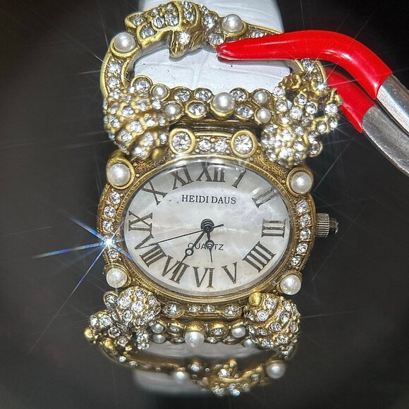 Heidi Daus White Leather Band Pearl/Crystals Watch - Picture 3 of 10